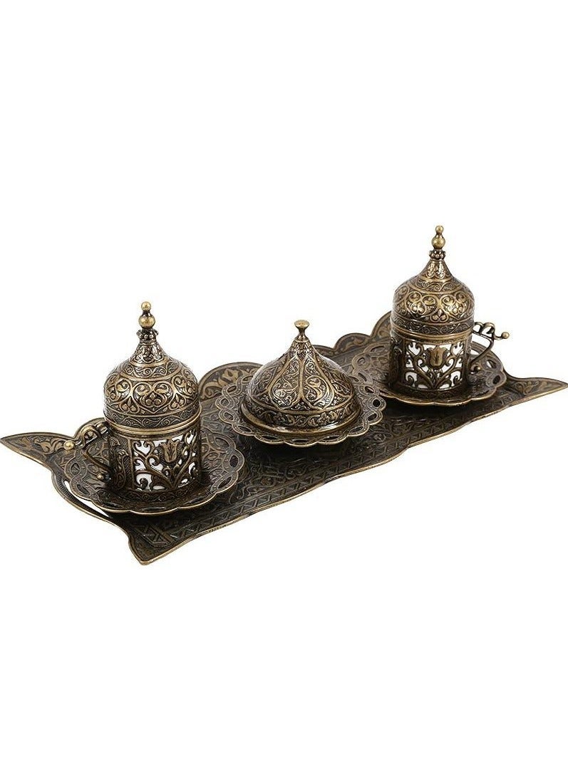 Acar Turkish, Greek, and Arabic Coffee Serving Set for Two – Includes 2 Porcelain Cups, Rectangular Tray, Cup Holders, Lids, Saucers, Sugar Bowl with Lid of zamak – Elegant Bronze Design, Crafted in Türkiye - Image 2